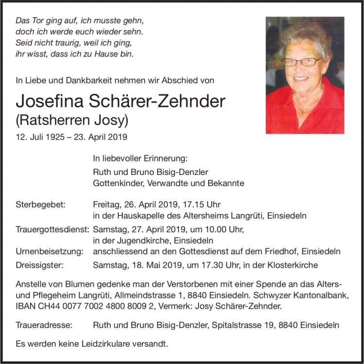Schärer-Zehnder  Josefina (Ratsherren Josy), April 2019 / TA