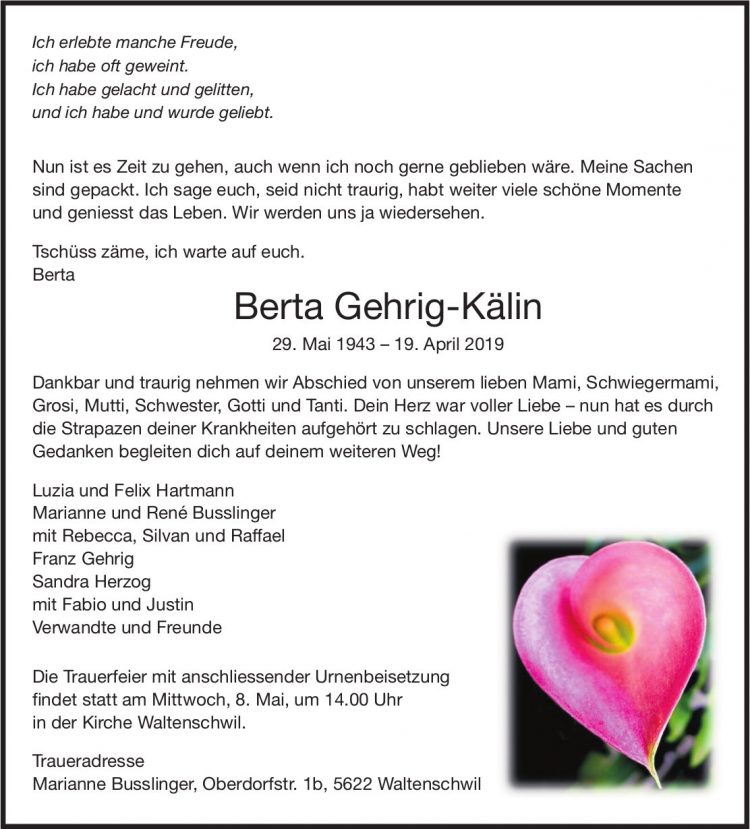 Gehrig-Kälin Berta, April 2019 / TA